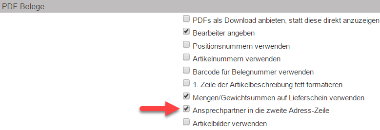 Screenshot Einstellungsfenster "Faktura"/ Bereich "PDF-Belege" mit Pfeil auf aktivierte Option zum Angeben des Ansprechpartners in der zweiten Adresszeile