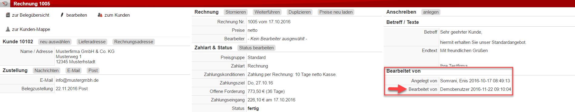 Screenshot Rechnungsfenster mit eingerahmten Bereich "Bearbeitet von" und Markierung des gleichnamigen Unterpunkts.