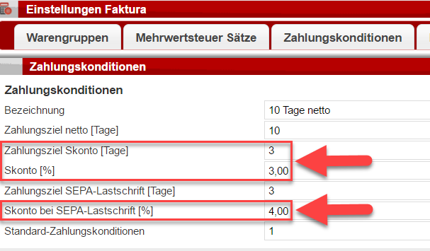 Screenshot Fakturaeinstellungen zur Anlage von Zahlungskonditionen mit markierten Skontoangaben